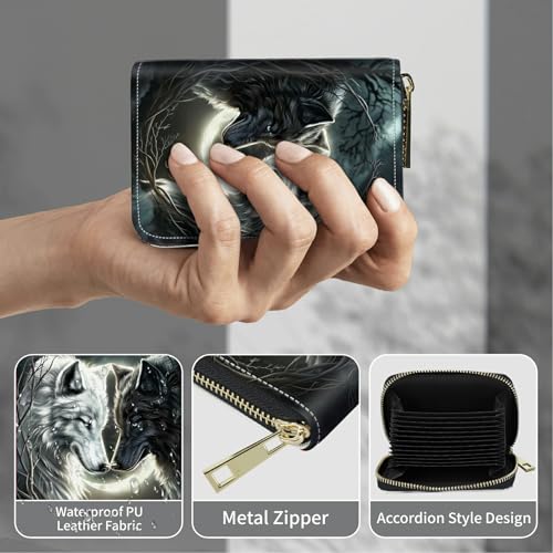 Image of Cute Credit Card Holder with Zipper, White Black Wolf RFID-Blocking Card Case Small Wallet for Women Men, Multi-slot Card Organizer Case Travel Accordion Wallet