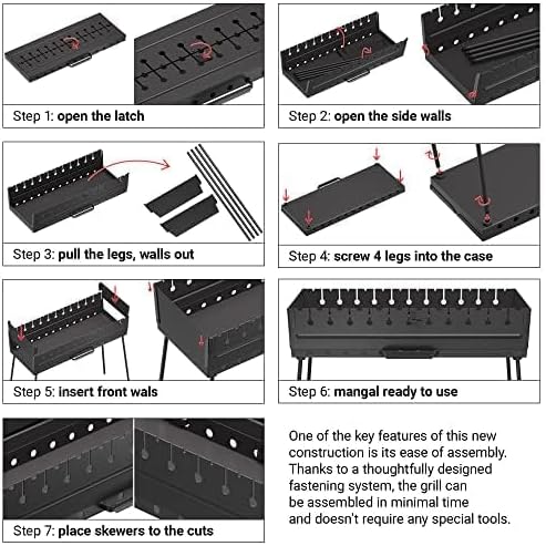Miniatura 3 de MHH Parrilla de carbón para 12 brochetas  Parrillas portátiles de campamento  Mangal schaschlik  Mangal plegable de metal  Kebab Shish  Barbacoa