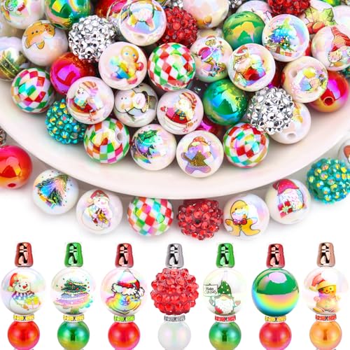 BONNY BOXX 50pcs 16mm Christmas Acrylic Beads Snowman Santa Gingerbread Grinch Xmas Tree Bubblegum Chunky Beads for Xmas Decoration Garland Beadable Pen Jewelry Making DIY Home Decor
