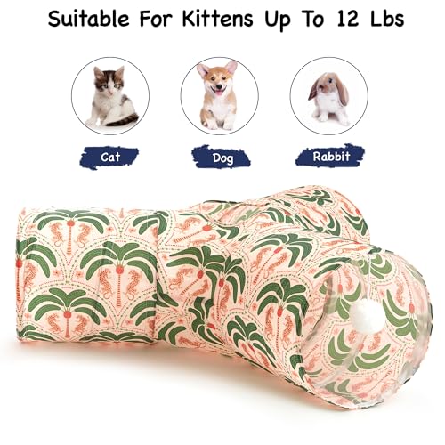 Image of Tempcore Cat Tunnel for Indoor Cats, 3 Way Collapsible Pet Play Tunnel with Teaser Wand, Peek Holes & Hanging Ball, Interactive Tube for Kittens & Rabbits, Khaki Coconut Tree