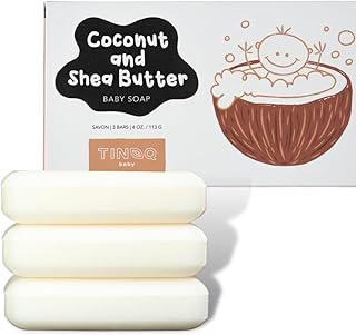 TINOQ Hypoallergenic Organic Baby Wash And Shampoo | Baby Soap Bar | Tear Free Baby Bath For Sensitive Skin | Coconut Oil & Shea Butter | Fragrance-Free | Plastic Free | No SLS | Vegan 3 Bars 12 Oz