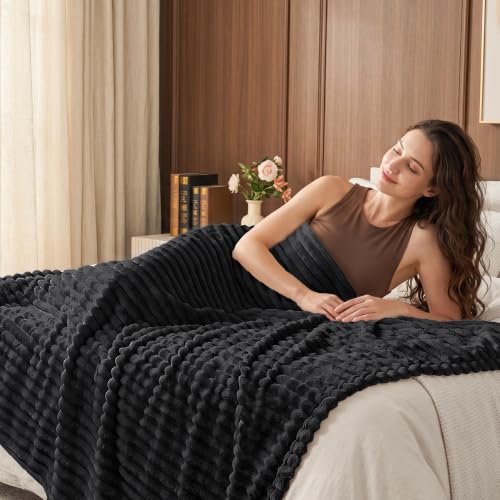 Image of BEDELITE Ribbed Twin Blanket for Couch & Bed, Black, 66 inchx90 inch