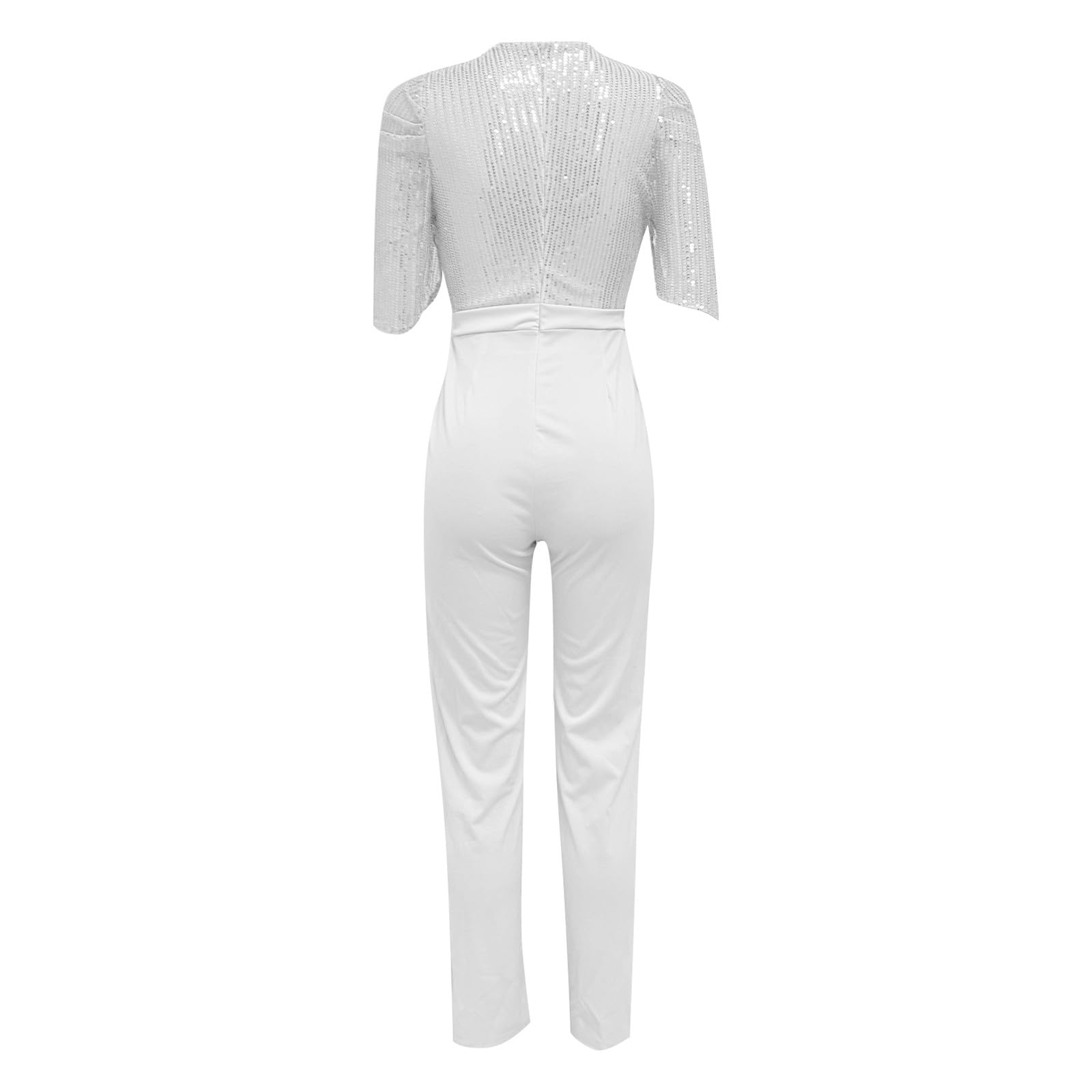 Generisch Tuta da donna elegante per feste, pantaloni da donna, elegante nero glitterato, tuta sexy a maniche corte, con paillettes, gamba larga, pantaloni a vita alta, elasticizzata.