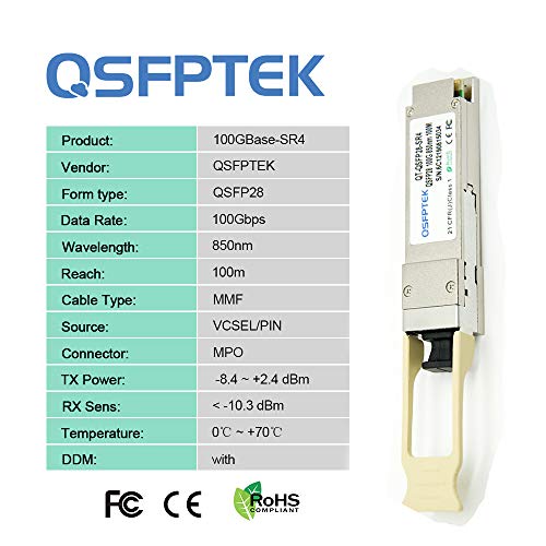 Image of QSFPTEK 100G QSFP28 Transceiver Module MTP /MPO Multimode 100GBASE-SR4 for Dell (DE) QSFP28-100G-SR4 (850nm, 100m, with DDM)