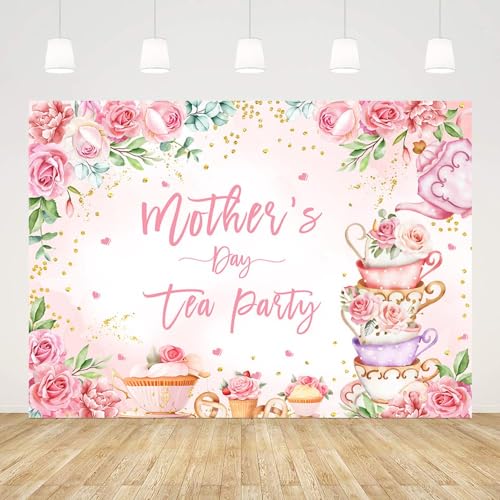 AIBIIN 7x5ft Mother's Day Tea Party Backdrop Happy Mother's Day Background Afternoon Tea Party Pink Flowers Teacup Decorations Banner Photography Photo Props