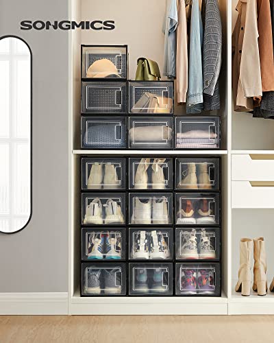 Image of SONGMICS Shoe Boxes, Pack of 18 Shoe Storage Organizers, Stackable Clear Plastic Boxes for Closet, Sneakers, 13.7 x 9.9 x 7.4 Inches, Transparent and Black ULSP007B18