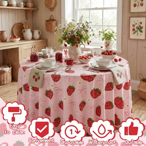 Image of Ganeen 6 Pcs Strawberry Bow Plastic Tablecloth 84 Inch Bow Berry Sweet Round Tablecloths Birthday Decor Disposable Plastic Round Waterproof Table Covers for Weeding Tea Decoration Party Favor