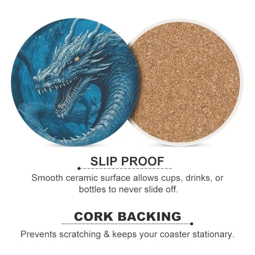 Dessous de verre en céramique absorbante motif dragon bleu x6 - 7
