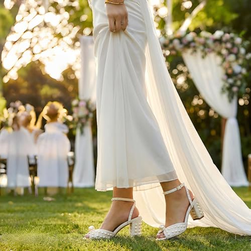 Image of Goolita Pearl Heels For Women Mid Block Ankle Strap Heeled Sandals Round Open Toe Party Evening Bridal Shoes For Wedding