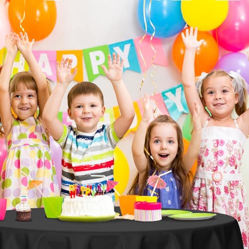 Image of Kopokita 2 Pack Black Round Disposable Plastic Tablecloths 84 inch | Party Table Covers for Birthday, Graduation, Back to School, Halloween Decorations