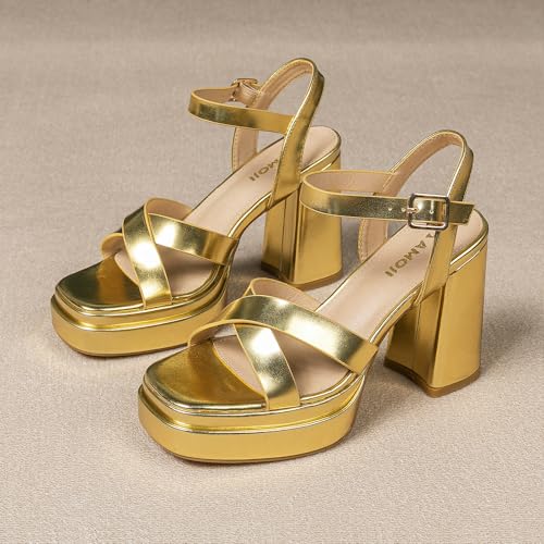 Amoji Women's 4 Inch Platform Chunky Heel Cross Straps Block Y2K Heeled Sandals 3123