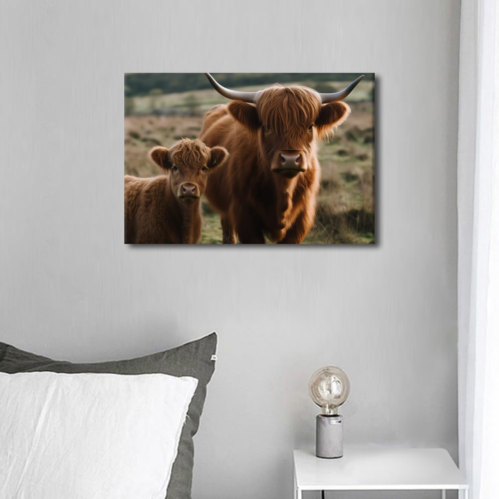 1 Panels Highland Cow and Calf in Field Picture Livestock Animal Portrait Farmhouse Wall Decor Canvas Print Bathroom Painting Cattle Artwork Kitchen Living Room Nursery Home Ready to Hang (12"Wx18"H) - Image 3