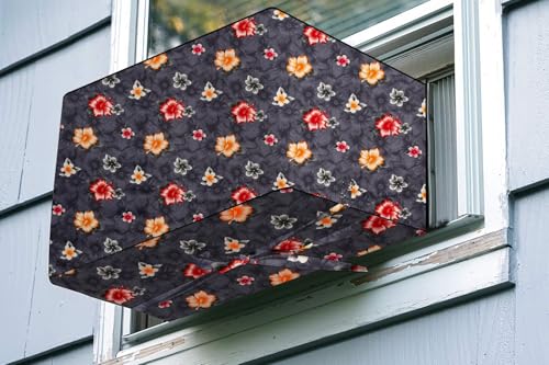 Image of The Furnishing Tree Elastic fit waterproof Polyester window ac cover suitable for Croma 1 Ton, Dustproof cover for inner and outer section, In CM: (48.26x59.69x38.74), Floral Pattern Grey