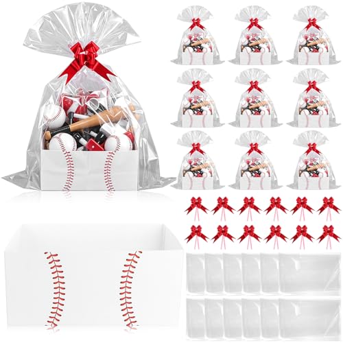 12 Sets Baseball Gift Baskets with Handle Empty Baseball Senior Night Baskets with Bags Ribbons 9.8 x 6.5 x 4.3 Inch Sports Themed Party Favor Boxes for Sports Events Team Celebrations Birthday Party