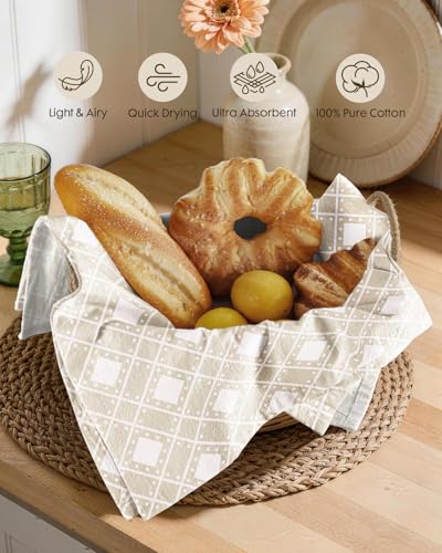 Image of Miss Adola 2 Pack Flour Sack Kitchen Towels - 16x26 Inch Cotton Dish Towels with Hanging Loop Reusable Geometric Boho Modern Tea Towel Absorbent Dishcloths Home Decor, Beige Bohemia