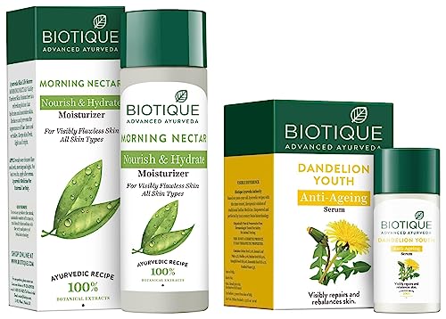Image of Biotique Bio Dandelion Visibly Ageless Serum, 40ml & Bio Morning Nectar Visibly Flawless Skin Moisturizer, 120ml