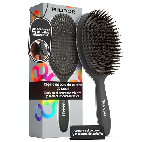 FRAMAR Cepillo Cerdas Jabali Pelo Fino - Cepillo Cerdas Naturales, Cepillo de Pelo Antirotura y Antitirones para Cabello Fino, Ideal Para Añadir Brillo o Volumen, Boar Hair Brush - Negro