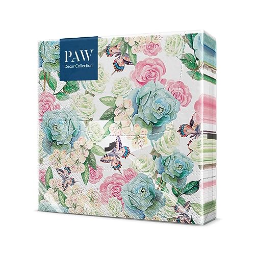 PAW - Servietten 3-lagig (33 x 33 cm) I 20 Stück I Perfekt für Geburtstage, Partys, Hochzeiten, Kommunion und Feiern I Papierservietten Bunt - Garten, Blumen I Farbe: Powder Garden