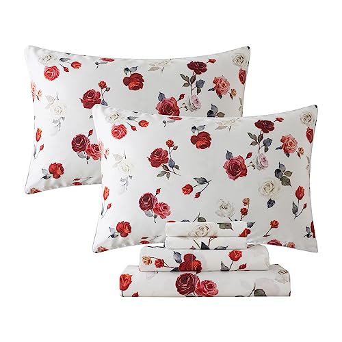 Image of FADFAY Rose Sheets Set Queen Vintage White Rose Floral Bedding Chic Red Rose Bed Sheets Shabby Farmhouse Bedding 100% Percale Egyptian Cotton 800 Thread Count Deep Pocket Fitted Sheet 4Pcs,Queen Size