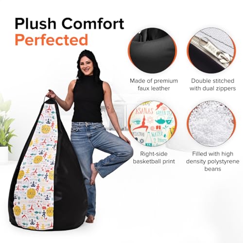 Image of Amazon Brand - Solimo Premium Faux Leather Bean Bag Combo with Footrest & Cushion, Filled with Beans | Capacity: Upto 6 Ft 3 in Height, 120 KG Weight | 4XL | Yoga se Hoga | Black