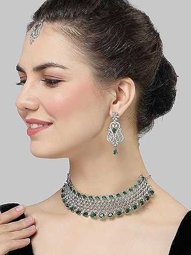 Image of Karatcart Silver Tone Green American Diamond Studded Necklace Set for Women