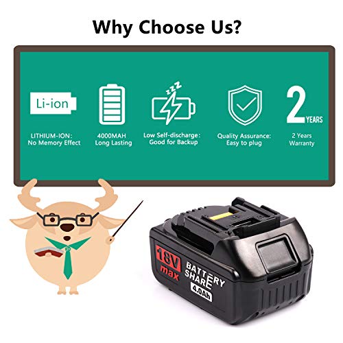 Enegitech 18V 4.0Ah Rechargeable Battery Lithium-ion 2 Pack ETB1840B with LED Indicator Cordless Power Tool Batteries, Repalce for Makita 18Volt LXT BL1840B BL1850B BL1830B - Thumbnail 2