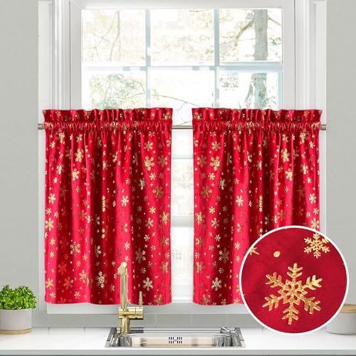 CUCRAF Velvet Kitchen Curtains 45 inch Length,Short Curtains for Small Window Cafe Store Kitchen Bathroom, Soft Farmhouse Waterproof Rod Pocket Drapes, Set of 2, 27x45 inch, Red