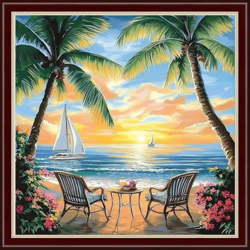 Image of Dimensean Stamped Cross Stitch Kits Full Range of Embroidery Patterns Starter Kits for Beginners Adult DIY Cross Stitches Needlepoint Kits 11CT-Afternoon Tea by the Sea 18x18 inch