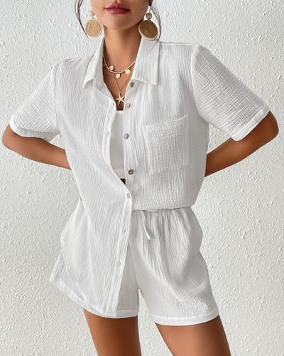 Bsubseach Womens 2 Piece Cover Ups Set Cotton Beach Short Sets Short Sleeve Button Down Shirt Shorts Resort Wear 20252