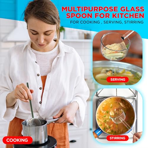 Image of Multipurpose Glass Spoon and Ladle - Heat Resistant Borosilicate Karandi for Cooking, Serving, Stirring & Tadka (Green)