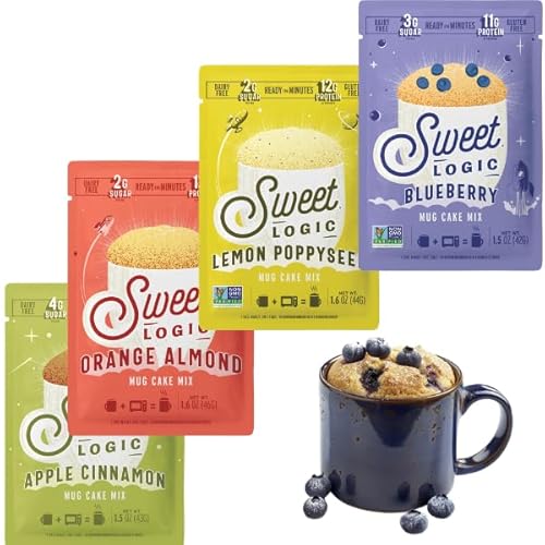 Sweet Logic Keto Dessert Mug Cake Mixes - Breakfast Variety Pack - Blueberry, Apple Cinnamon, Lemon Poppyseed, & Orange Almond - Low Sugar - Low Carb - Gluten-Free - High Protein - All Natural (4 Pack) - Breakfast Variety