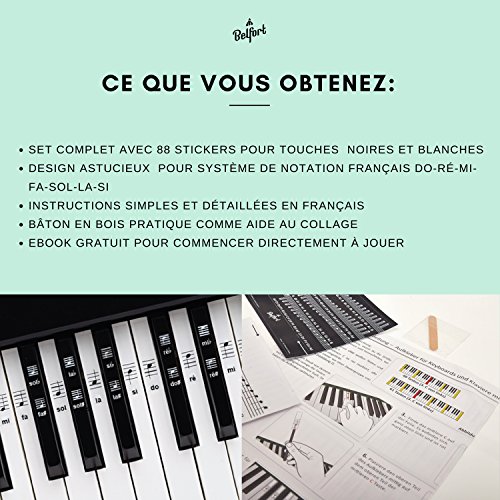 Belfort® Autocollants pour notes de piano + clavier pour 49 | 61 | 76 | 88 touches + Ebook gratuit | kit complet premium pour touches noires + blanches | do-ré-mi-fa-sol-la-si | instructions français
