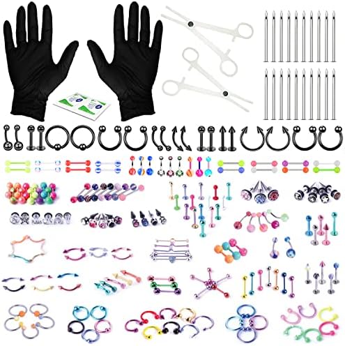 BodyJ4You 156PC Body Piercing Kit | Belly Ring Nose Septum Tragus Ear Cartilage Industrial | Horseshoe Ring Hoop Barbell Stud Spike | 14G 16G Black | RANDOM Mix Jewelry