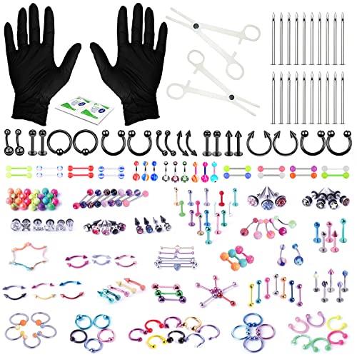 Bodyj4You 156Pc Body Piercing Kit | Belly Ring Nose Septum Tragus Ear Cartilage Industrial | Horseshoe Ring Hoop Barbell Stud Spike | 14G 16G Black | Random Mix Jewelry #TOP3