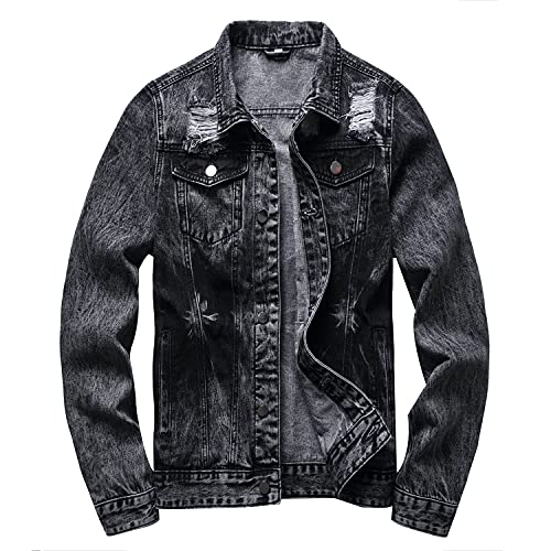 Image of RANMCC Men's Elastic Ripped Denim Jacket, Vintage Washed Frayed Trucker Coat, Lightweight Casual All Season Street Outerwear