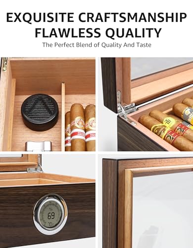 Flauno Cedar Wood Cigar Humidor, Desktop Humidor Cigar Box with Digital Hygrometer, Humidifier, Tray and Dividers, Holds 25-50 Cigars, Gift for Cigar Lovers (Walnut Finish) - Thumbnail 3
