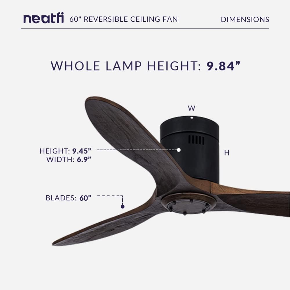 Neatfi 60" Ceiling Fan No Light – 3 Solid Wood Blades, Quiet DC Motor | 6-Speed Modern Flush Mount Low Profile Ceiling Fan with Remote | Bedroom, Living Room, Kitchen (Brown, 60 Inches)