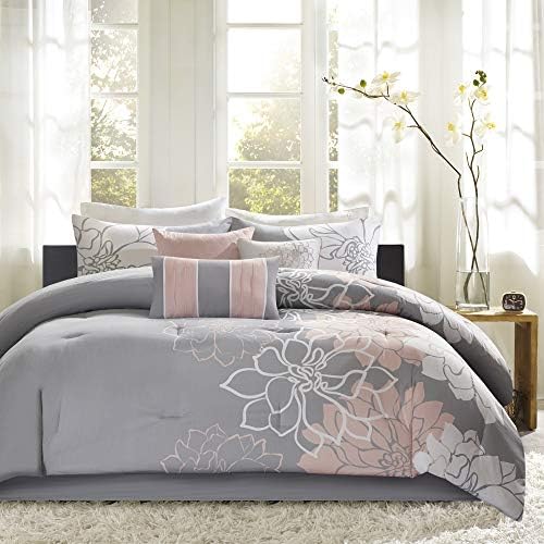 Madison Park Lola Sateen Cotton Comforter Set-Casual Medallion Floral Design All Season Down Alternative Bedding, Shams, Bedskirt, Decorative Pillows, Queen, Grey/Blush 7 Piece