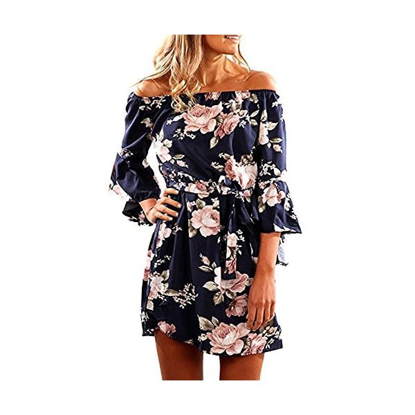 SVALIY Women Off Shoulder Ruffles Floral Tunic Casual Party Shift Short Dress (M, Navy)