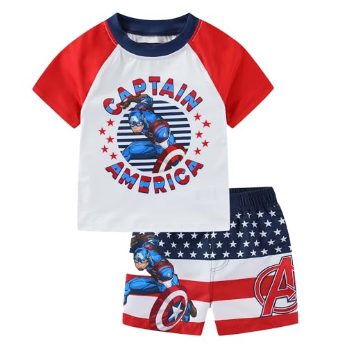 Marvel Captain America Boys UPF 50+ Rash Guard and Swim Trunks Shorts Swimwear Set Swimsuit for Toddler and Big Kids White/Red