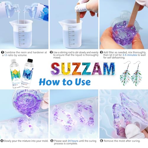 Suzzam Epoxidharz Set 474ml/16oz Epoxidharz mit Härter 1: 1 Verhältnis Glasklar Gießharz mit Handschuh, Messbecher, Holzstäbchen, Pipetten Harz Gießen Set für Holz, Schmuckherstellung