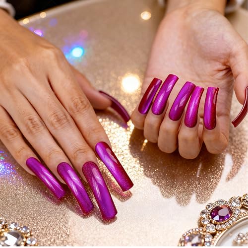 IntoVibes Purple Shimmer Press On Nails XL Handmade Curved Down Groove Design, Metallic Plum Long Nails, Reusable Fake Nail Tips, Salon Quality for Special Occasions, Square Acrylic Nails (S) — view 2