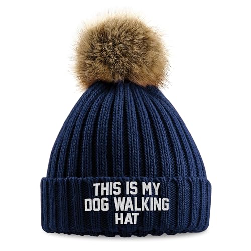 Purple Print House Embroidered This is My Dog Walking Hat Faux Fur Pom Pom Beanie Winter Walking Embroidery Chunky Ladies Hat, One Size, Navy