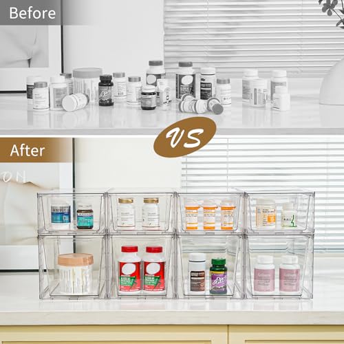 Image of Clemate 6Pack Stackable Kitchen Storage Organizer, Pantry Organizers and Storage, Clear Foods Organizer Bins with Handles, Easily Assemble for Bathroom, Kitchen, Pantry, Cabinet, Closet