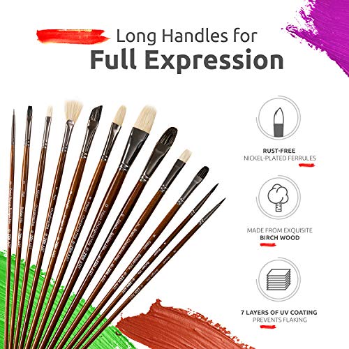 Zenart Oil & Acrylic Paint Brushes – 14Pc Professional Set Of Chungking Hog, & Badger/Japanese Synthetic Bristles Incl Filbert, Flat, Rigger & More – Travel Pouch, Long Birchwood Handles, No Shedding #TOP5