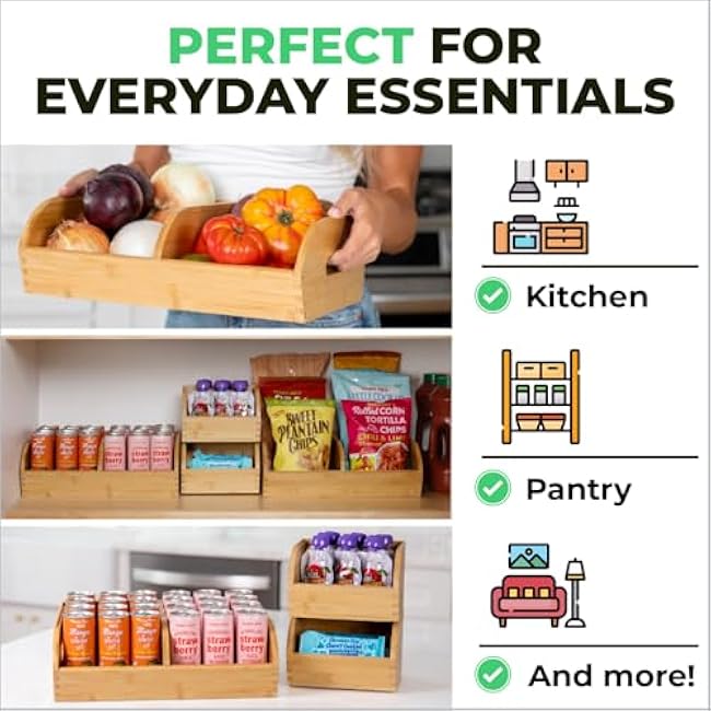 Potato and Onion Storage Bin for Pantry and Kitchen Counter - Ventilated Stackable Bamboo Organizer Baskets with Handles - Multipurpose Organization Containers for Fruit, Vegetable, Pantry - 3 Pack