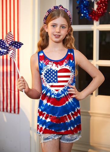 Image of 4th of July Girls Flag Tank Top Back Bow Sleeveless Patriotic Holidays T-Shirt 4-14 Years