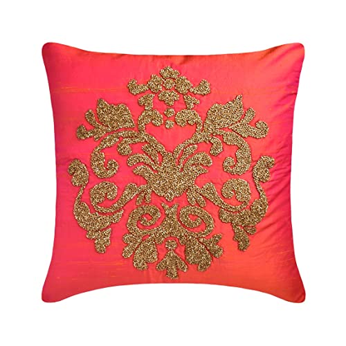 The Homecentric Throw Pillow Cover With Zipper, Decorative Pink & Gold 22"X22" (55X55 Cm) Throw Pillow Covers, Silk Damask, Beaded & Embroidered Throw Pillows For Sofa, Abstract - Damask Silk Pink #TOP21