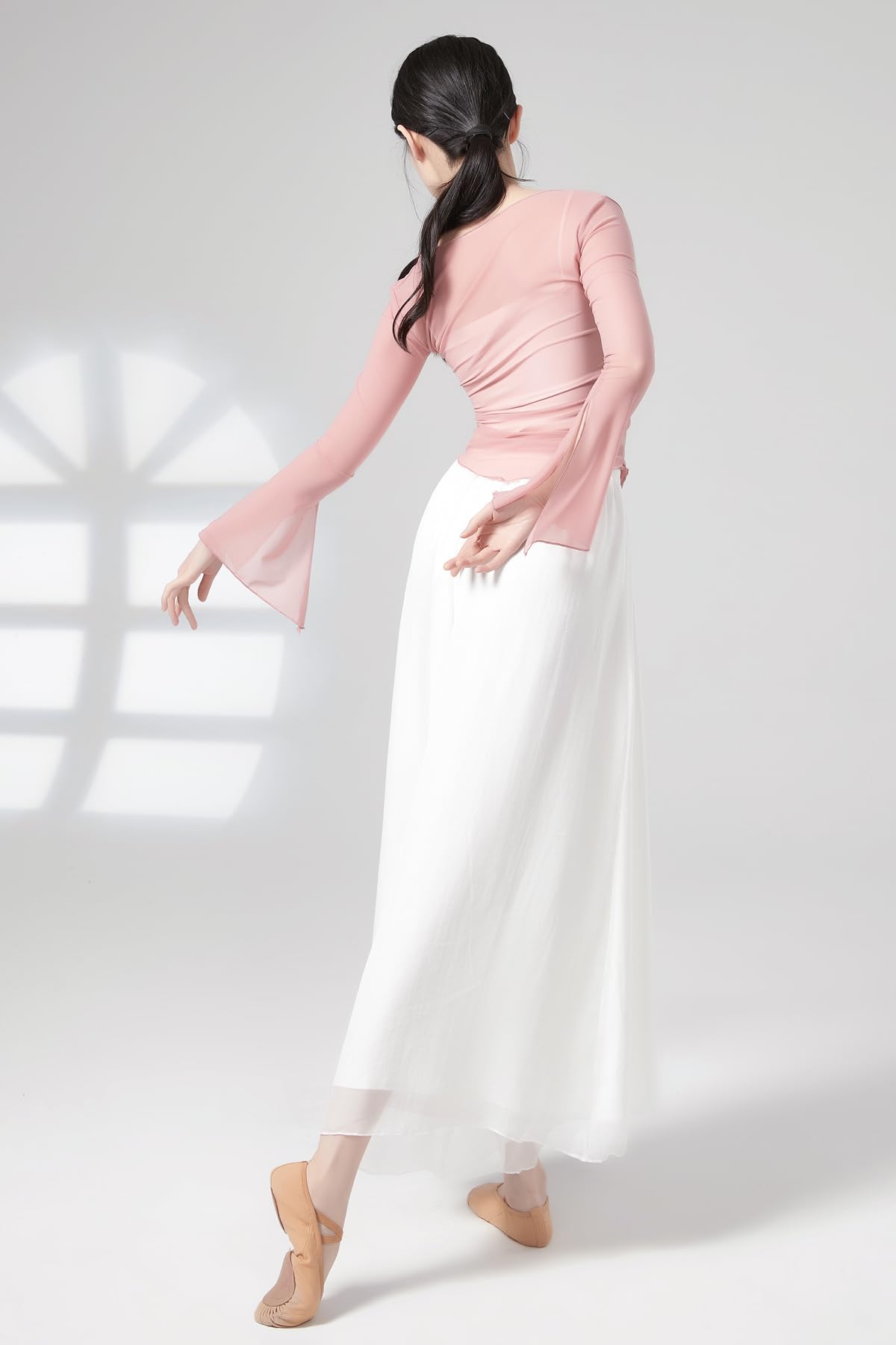 Angcoco Women's Chinese Traditional V Neck Flared Sleeve Tops for Dance Performance Pink