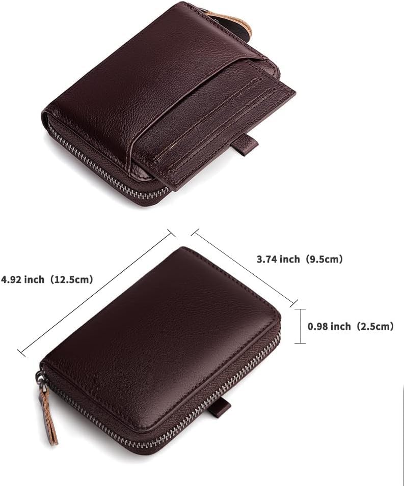 Men's Large Capacity RFID Blocking Zipper Wallet Genuine Leather Multi-Card Holder Vegetable Tanned Brown (Coffee) - Image 3